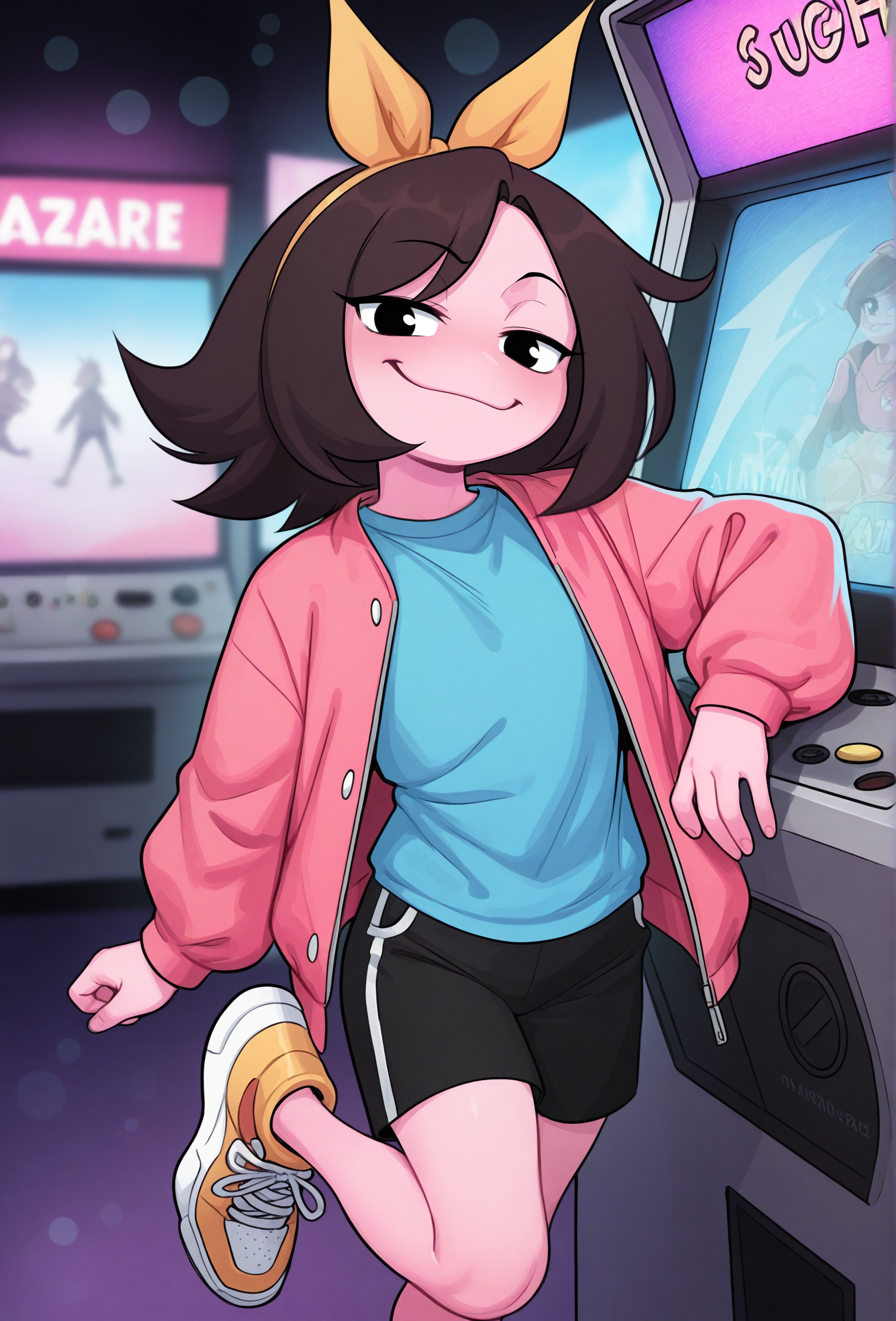 masterpiece,best quality,amazing quality, <lora:marigold_cabronpr_noob_v1.1f:1> marigold, 1girl, solo, hairbow, no nose, black eyes, smug, looking at viewer, BREAK
pink jacket, blue shirt, black shorts, sneakers, arcade, depth of field, bokeh, <lora:glacierclear_style_illustrious_v1.4f:1> gclearstyle