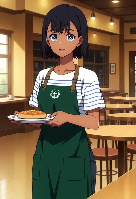 anime screencap, masterpiece, best quality,
<lora:SummertimeRender_KofuneMio_IlluXL:0.9>,
1girl, solo, open mouth, light smile,
dark-skinned female, short hair, black hair, blue eyes, white pupils,
green apron, striped shirt, white shirt, short sleeves, shirt tucked in,
holding plate,
standing, looking at viewer, cowboy shot,
indoors, cafe, window, table, blurry background