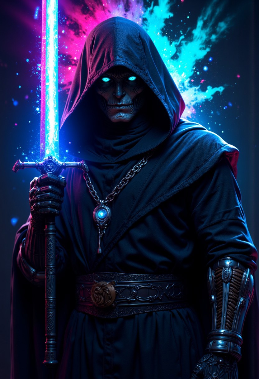 ,cinematic film still, A dark, mysterious figure in a deep robe, standing in the center with a low hood obscuring the face. The figure controls a colossal, iridescent glowing sword that hovers above their hand, emitting vibrant neon blue light. The hands are gloved in metallic armor. The background is dark with splashes of neon colors—blue, pink, green, and purple—creating dynamic, chaotic energy. cyberpunk and fantasy, focusing on dramatic lighting and contrasting colors, shallow depth of field, vignette, highly detailed, bokeh, moody, epic, gorgeous, film grain, grainy, hyperrealism, <lora:add_detail:1> <lora:add-detail-xl:2> <lora:p0rtXLP1:0.6> <lora:d3t41l3dXLP:1> . professional, sleek, modern, minimalist, graphic, line art, vector graphics  <lora:FluxMythP0rtr4itStyle:0.8> MythP0rt, <lora:aidmaImageUpgrader-FLUX-V0.1:0.33> detailmaximizer,
