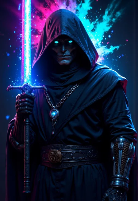 ,cinematic film still, A dark, mysterious figure in a deep robe, standing in the center with a low hood obscuring the face. The figure controls a colossal, iridescent glowing sword that hovers above their hand, emitting vibrant neon blue light. The hands are gloved in metallic armor. The background is dark with splashes of neon colors—blue, pink, green, and purple—creating dynamic, chaotic energy. cyberpunk and fantasy, focusing on dramatic lighting and contrasting colors, shallow depth of field, vignette, highly detailed, bokeh, moody, epic, gorgeous, film grain, grainy, hyperrealism, <lora:add_detail:1> <lora:add-detail-xl:2> <lora:p0rtXLP1:0.6> <lora:d3t41l3dXLP:1> . professional, sleek, modern, minimalist, graphic, line art, vector graphics <lora:FluxMythP0rtr4itStyle:0.8> MythP0rt, <lora:aidmaImageUpgrader-FLUX-V0.1:0.33> detailmaximizer,