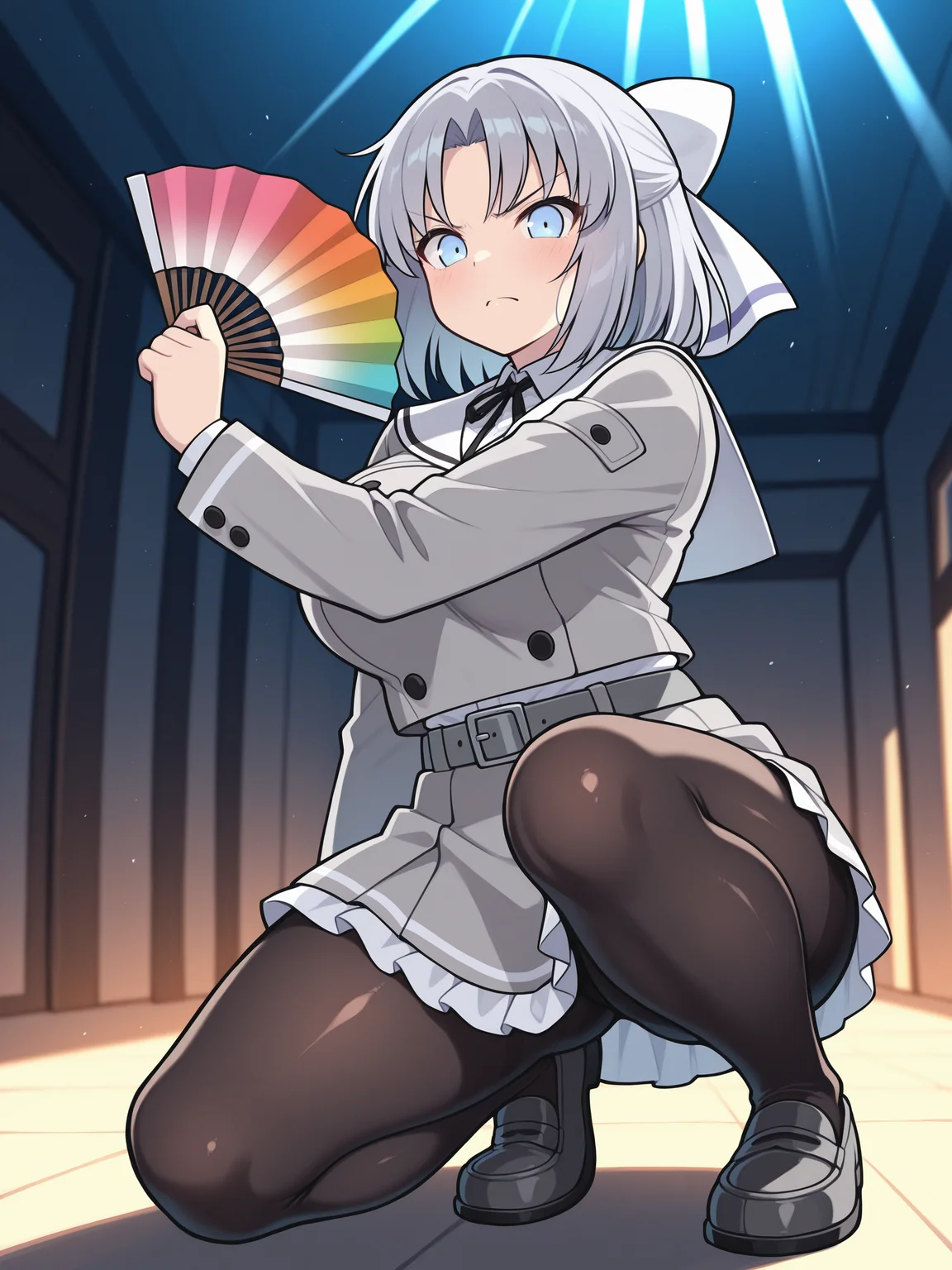 masterpiece, best quality, amazing quality, artist:[limberbreak], by limberbreak, thick outlines, bold outlines, heavy line art, graphic black lines, strong contours, black outlines
(solo:1.4), Yumi_IL, blue eyes, short grey hair, yumi's bang, white hair bow, large breasts, Yumi_Gessen, school uniform, white sailor collar, black neck ribbon, grey jacket, black buttons, grey skirt, skirt frills, grey belt, black pantyhose, grey loafers,
folding fan, hand fan, looking at viewer, snarl, angry, fighting, from below, crouched, holding fan, raised fan pose, back lighting, dark, multicolored background, blurred background, bright, multicolored, bright colors of paint, lots of multicolored rainbow light, focus on the face, lots of soft light, soft colors
<lora:SK_Yumi_IL:0.8>
