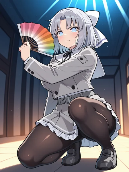 masterpiece, best quality, amazing quality, artist:[limberbreak], by limberbreak, thick outlines, bold outlines, heavy line art, graphic black lines, strong contours, black outlines
(solo:1.4), Yumi_IL, blue eyes, short grey hair, yumi's bang, white hair bow, large breasts, Yumi_Gessen, school uniform, white sailor collar, black neck ribbon, grey jacket, black buttons, grey skirt, skirt frills, grey belt, black pantyhose, grey loafers,
folding fan, hand fan, looking at viewer, snarl, angry, fighting, from below, crouched, holding fan, raised fan pose, back lighting, dark, multicolored background, blurred background, bright, multicolored, bright colors of paint, lots of multicolored rainbow light, focus on the face, lots of soft light, soft colors
<lora:SK_Yumi_IL:0.8>