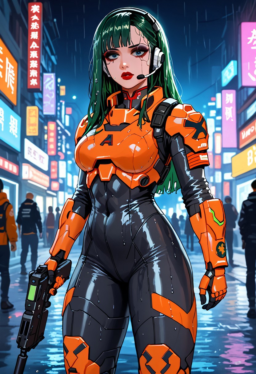score_9, score_8_up, score_7_up, best quality, celestial guard:1.2, masterpiece, cyberpunk goth girl, long hair, himecut, flashy green hair, bangs, dark eyeshadow, orange armour, yu_jing, chinese insignia, chinese ideogram, red lips, headset, orange and black power armour, black bodysuit, assault rifle, on a cyberpunk street at night, neon signs, heavy rain, wet, wet hair, wet skin, wet clothes, bokeh, vibrant, surreal colours, High Definition HD, High Detail, Perfect Composition, mythp0rt