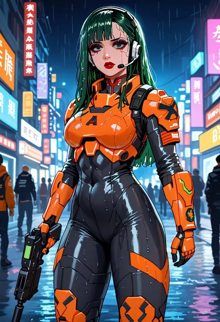 score_9, score_8_up, score_7_up, best quality, celestial guard:1.2, masterpiece, cyberpunk goth girl, long hair, himecut, flashy green hair, bangs, dark eyeshadow, orange armour, yu_jing, chinese insignia, chinese ideogram, red lips, headset, orange and black power armour, black bodysuit, assault rifle, on a cyberpunk street at night, neon signs, heavy rain, wet, wet hair, wet skin, wet clothes, bokeh, vibrant, surreal colours, High Definition HD, High Detail, Perfect Composition, mythp0rt