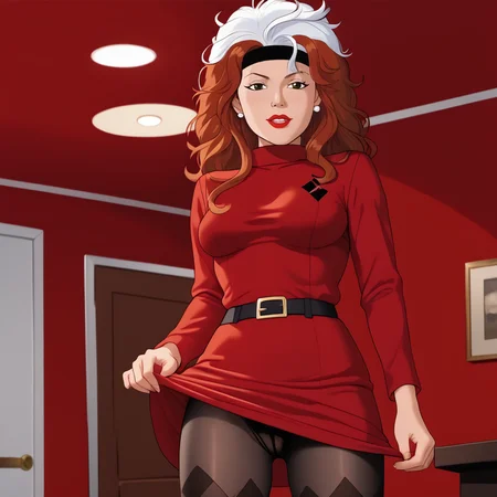 <lora:RogueTAS_pony_v1:1> RogueTAS, 1girl,  lipstick, white hair,  headband, makeup, brown hair, breasts,  two-tone hair, multicolored hair, long hair, red hair, retro artstyle, cowboy shot,  <lora:0965 Home wear 12_v1_pony:1> ruanyi0965,red dress,short dress,black pantyhose,argyle legwear,turtleneck,dress lift,bottomless,long sleeves