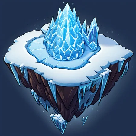 matchcraft floating island, game asset, 2d, digital painting, outline style, comic book style, fine lines, best quality, image posterization, simple details, clear white background, fantasy floating island, ice biome, frozen island, building on island, covered by snow