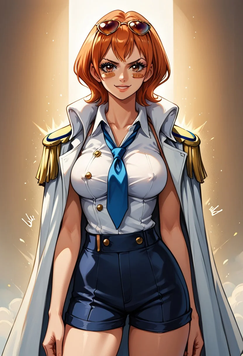 IsukaOP, 1girl, solo, short hair, orange hair, vermilion hair, brown eyes, band aid on her left cheek, lips, large breast, eyewear on head, sunglasses, collared shirt, buttoned shirt, white shirt, blue tie, brown gloves, shorts, heeled boots, coat on shoulders, wide hips, shirt neckline, band aids, bandages, scars, burn scar on hand, epaulettes, weapon, sword,
seductive pose, sexy pose, tease, in the spotlight,,
smile, jojo reference,
score_9, score_8_up, score_7_up, beautiful aesthetic, very intricate, high quality details,vibrant, highly detailed, award-winning, professional,anime artwork, anime style, studio anime, athletic, curvy body, athletic girl, perky tits,large breast,perfect tits, round breasts, nipple outline,looking at viewer, pinup pose,teasing, dynamic lighting, cinematic, smug, better than you, aura of temptation, highly detailed, high resolution, masterpiece, detailed clothes, detailed background, highly detailed, ((sound effects)) comic layout,