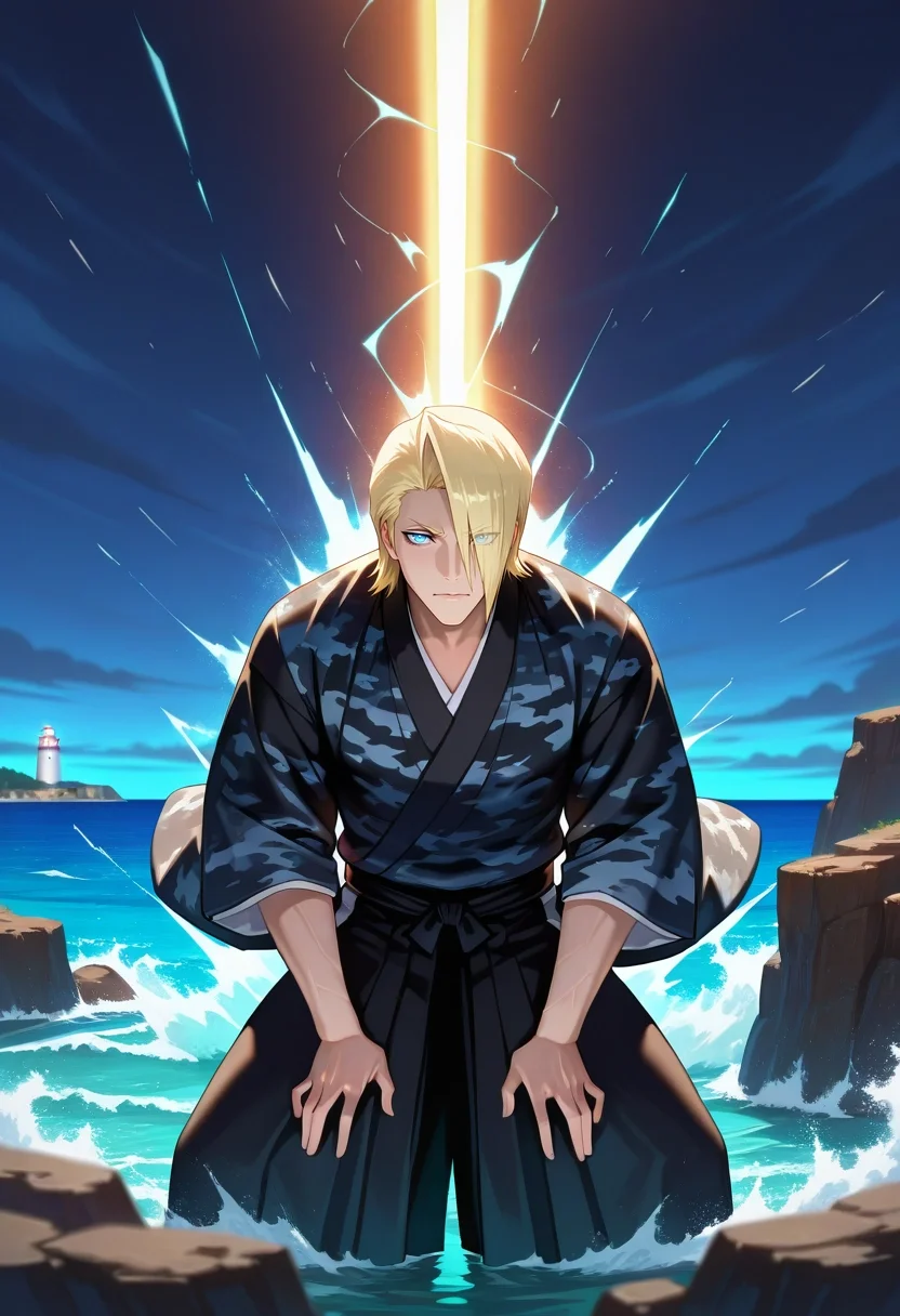 masterpiece, best quality, , (realistic:0.6), looking at viewer, 1boy, solo, male focus, <lora:izuru_kira_ilxl:0.92>, izuru_kira, blonde hair, blue eyes, short hair, hair over one eye, black kimono, coastal lighthouse, rocky cliffs, glowing beam, crashing waves, standing pose, resolute expression, stormy night, camo costume