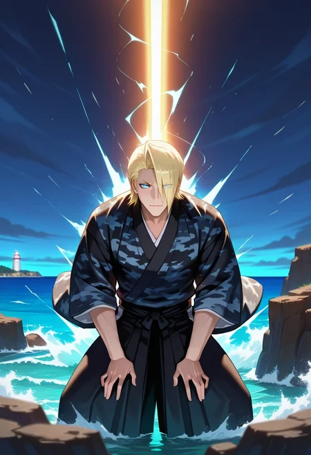 masterpiece, best quality, , (realistic:0.6), looking at viewer, 1boy, solo, male focus, <lora:izuru_kira_ilxl:0.92>, izuru_kira, blonde hair, blue eyes, short hair, hair over one eye, black kimono, coastal lighthouse, rocky cliffs, glowing beam, crashing waves, standing pose, resolute expression, stormy night, camo costume