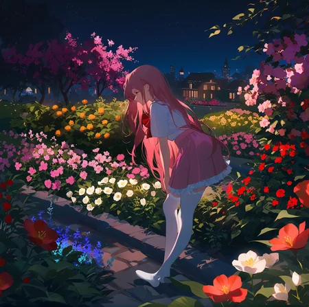 (night:1.4),(latenight:1.5),(darkness:1.4),<lora:sd_xl_dpo_lora_v1-128dim:1>,(masterpiece),
1girl,white_shirt,red bow,pink skirt,white silk stockings,<lora:sd_xl_dpo_lora_v1:1>,outdoor,flower garden,plant,flower,pink hair,long hair,