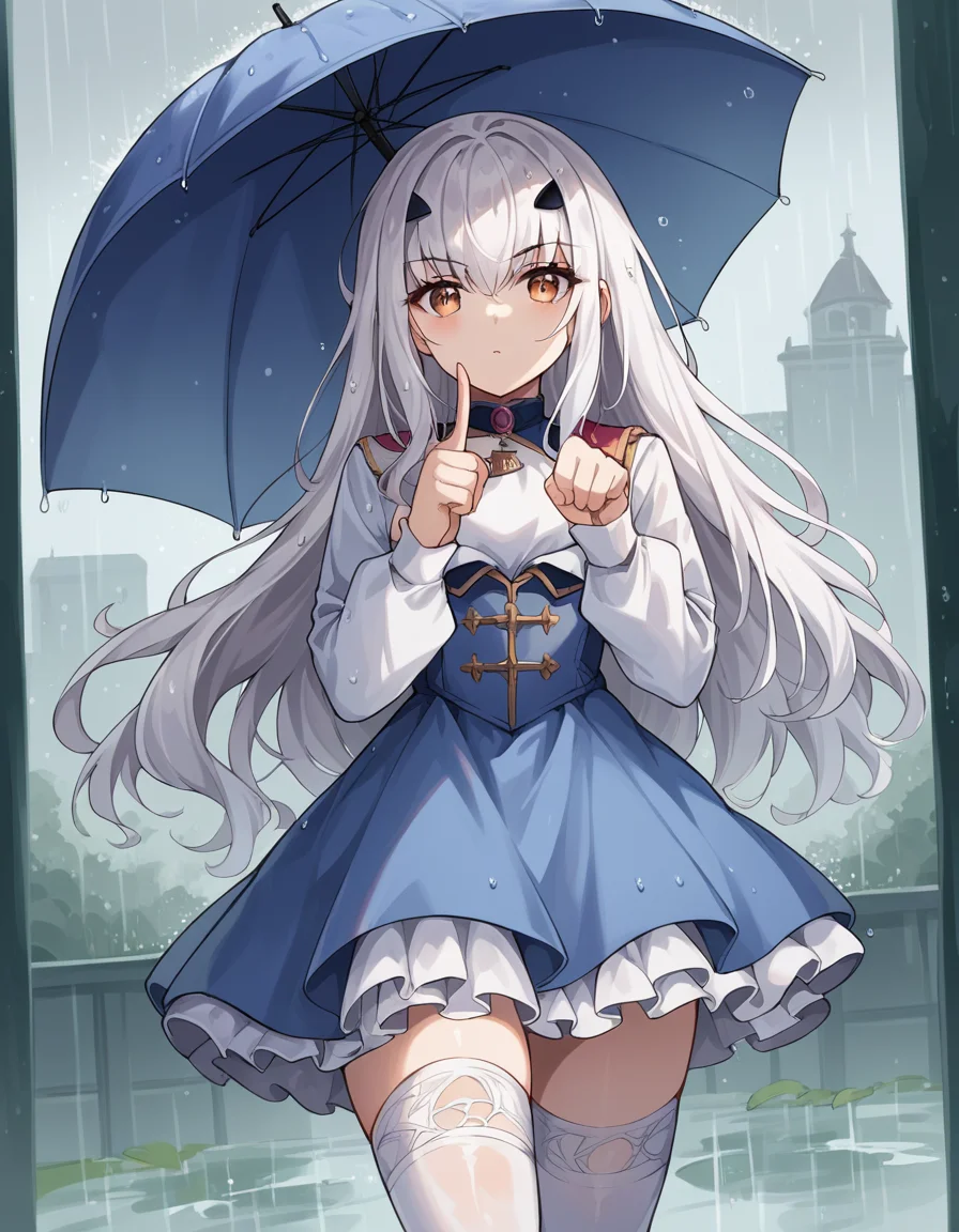 score_9, score_8_up, score_7_up, source_anime, <lora:fgo-melusine-ponyxl-lora-nochekaiser:1>, melusine, brown eyes, long hair, white hair, sidelocks,, blue dress, dress, frills, long sleeves, thighhighs, thighs, white thighhighs,, rainy day, umbrella, walking home, puddles, wet hair, , looking at viewer, hand pointing index finger, solo,, cowboy shot, dutch angle