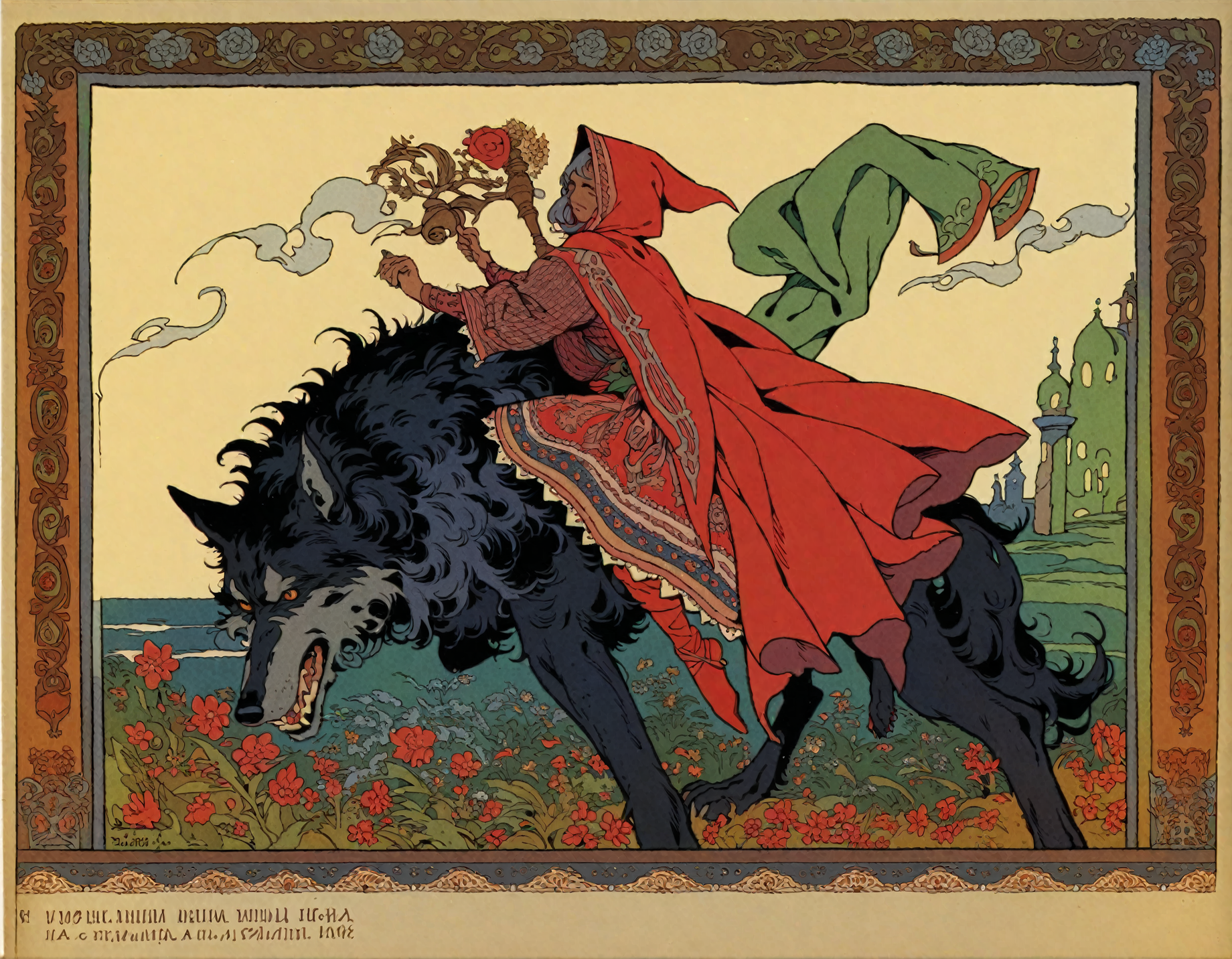 <lora:ivan-bilibin_pony_v1:1> ' grimm's ' by bilibin ivan in 1911,design \(genre\),art nouveau \(modern\) \(style\), Little Red Riding Hood and the wolf, score_9, score_6_up, score_7_up