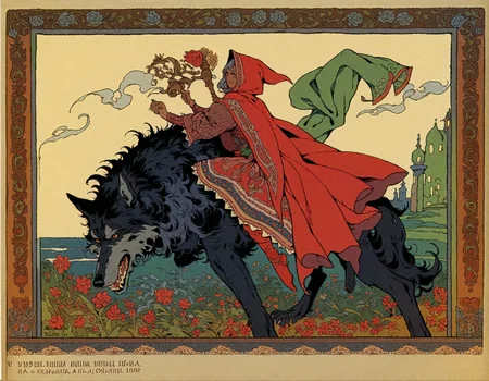 <lora:ivan-bilibin_pony_v1:1> ' grimm's ' by bilibin ivan in 1911,design \(genre\),art nouveau \(modern\) \(style\), Little Red Riding Hood and the wolf, score_9, score_6_up, score_7_up