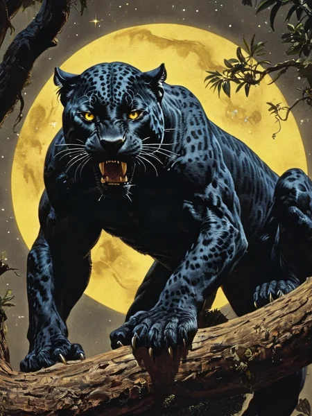1970's dungeons and dragons dark fantasy artstyle,(masterpiece, top quality) an exotic musculer black jaguar climbing down a tree,big claws[yellow eyes],deep,trending on art station,twinkling stars,grain,cinematic,realistic,photo,,,<lora:dark_fantasy:.8>,<lora:add-detail-xl:1>