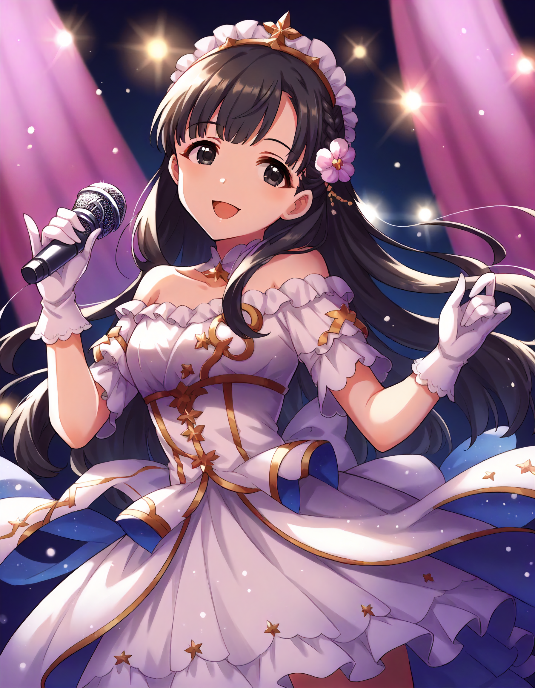 score_9,score_8_up,score_7_up,1girl,solo,cowboy shot,smile,open mouth,looking at viewer,stage lights,holding microphone,
<lora:kobayakawasae_ponyXLV6:0.8>,cgkse,
black hair,long hair,braid,black eyes,
headdress,hair flower,off-shoulder dress,white gloves