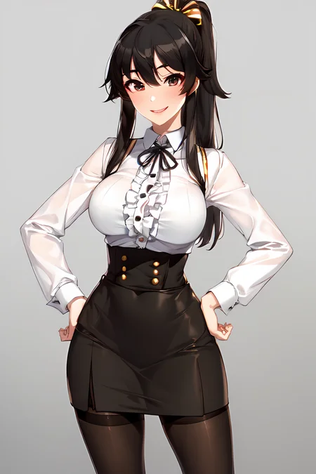 chobi, hair ribbon, sidelocks,
virgin killer outfit, high-waist skirt, standing, pantyhose, cowboy shot, grey background,
1girl, pointing at viewer, hand on hip, light smile,
<lora:VirginKillerOutfit:1>, <lora:Chobi:0.8>