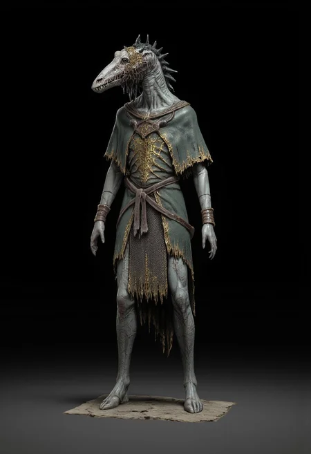 malformed hobo Miner lizardman in a roman soldier armor mixed with legionnaire attire, Toad shaped skull, elongated cobra neck, horse hoofs instead of legs
Standing on a flat ground
Set against a solid dark black color background to emphasize its unsettling unnatural form that emphasizes its silhouette. The medium is not a traditional painting or illustrative medium like watercolor or ink but rather a digital 3D rendering.
MikeFranchinastyle, bbstyle,, horror theme,, ZBClay model of a gray sculpture, zbrush, d4arks0uls, overcast lighting