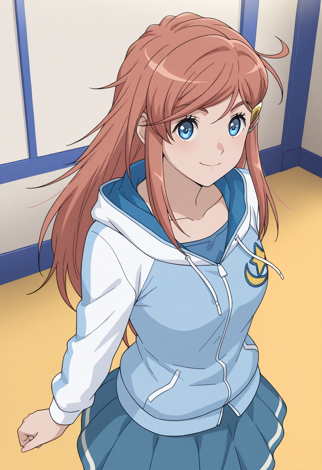 masterpiece, best quality, very aesthetic, absurdres, 1girl, solo, 
<lora:kato_marika_v01:1>, kato_marika, marika_sailboat, brown hair, long hair, blue eyes, hairclip,
blue hoodie, star \(symbol\), blue shirt, blue skirt, plated skirt, smile, posing