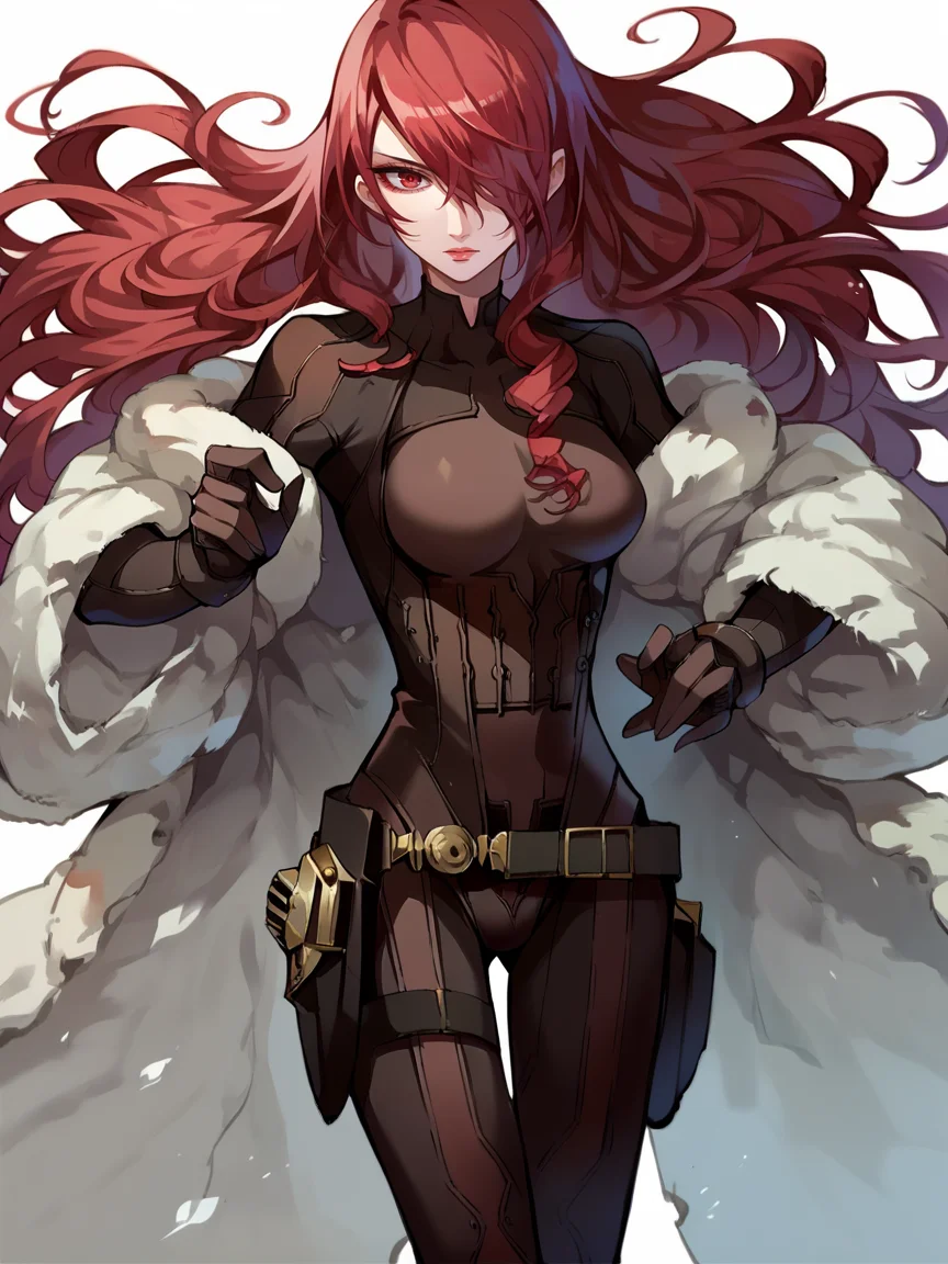 score_9, score_8_up, score_7_up, score_6_up, score_5_up, <lora:mitsuruXLP:1> mitsuru, 1girl, solo, red hair, long hair, hair over one eye, red eyes, bodysuit, fur coat
