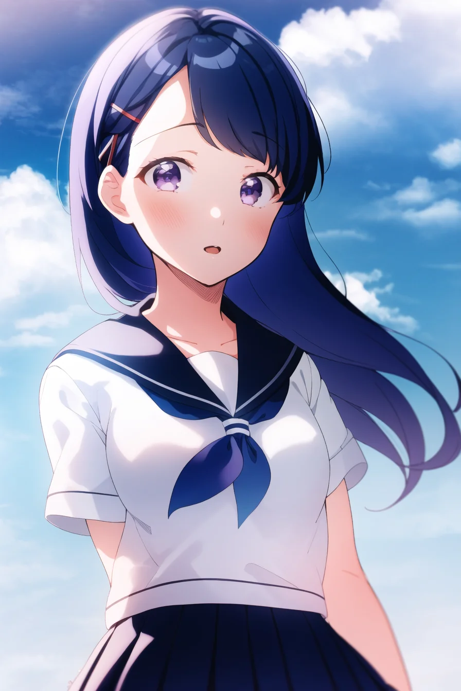 1girl, white serafuku, neckerchief, sailor collar, pleated skirt blue hair, purple eyes, klong hair,
<lora:HanakoStyle:1>