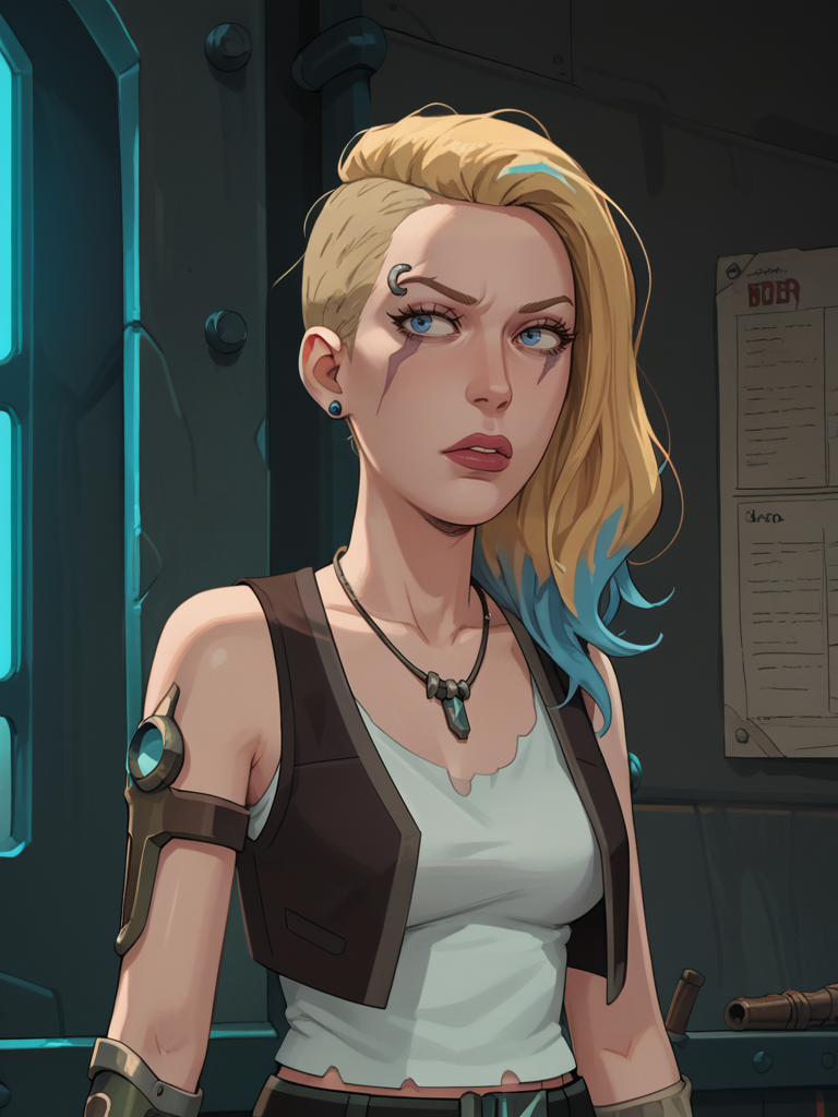Score_9, Score_8_up, Score_7_up, Score_6_up, Source_cartoon,
Rating_explicit, 
1girls, sp4ceb3th, vambrace, blonde hair, blue hair, asymmetrical hair, multicolored hair, blue eyes, tanktop, vest, jewelry, necklace,
<lora:Space_Beth:0.95>