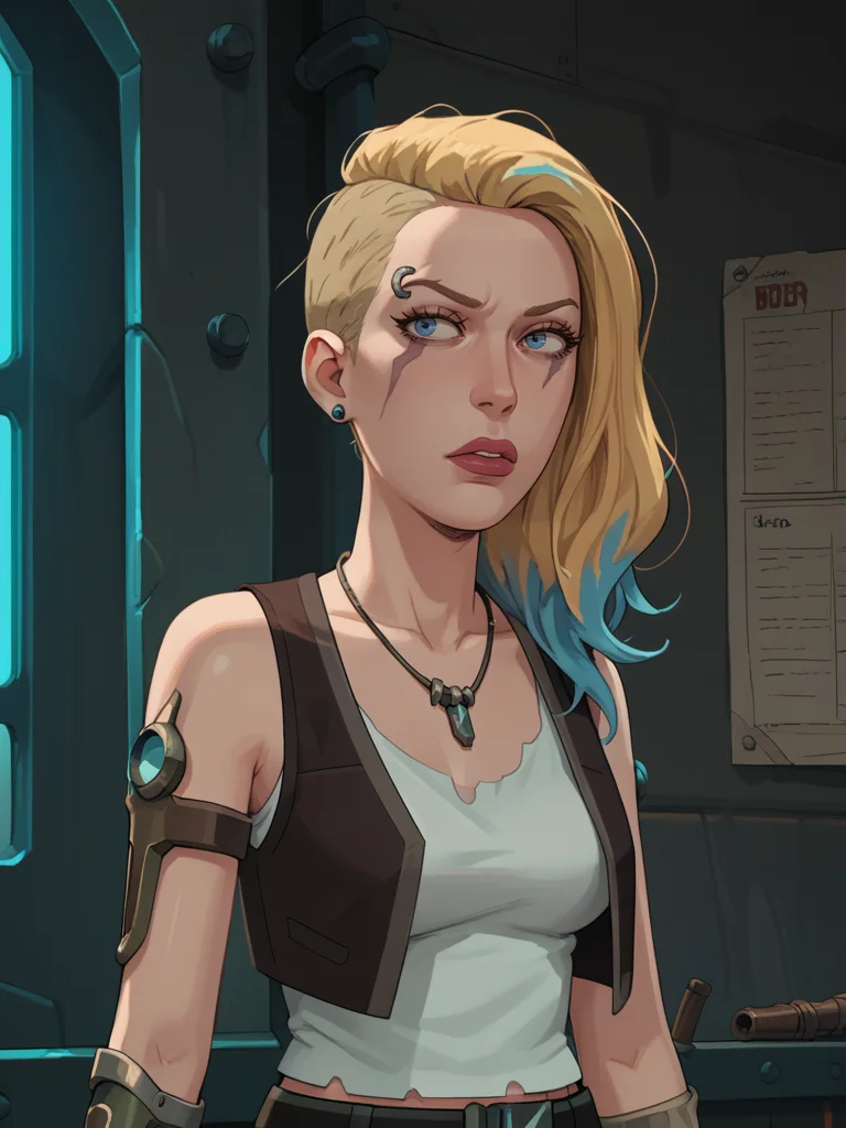 Score_9, Score_8_up, Score_7_up, Score_6_up, Source_cartoon,
Rating_explicit,
1girls, sp4ceb3th, vambrace, blonde hair, blue hair, asymmetrical hair, multicolored hair, blue eyes, tanktop, vest, jewelry, necklace,
<lora:Space_Beth:0.95>