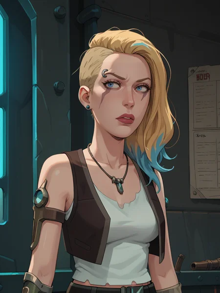 Score_9, Score_8_up, Score_7_up, Score_6_up, Source_cartoon,
Rating_explicit, 
1girls, sp4ceb3th, vambrace, blonde hair, blue hair, asymmetrical hair, multicolored hair, blue eyes, tanktop, vest, jewelry, necklace,
<lora:Space_Beth:0.95>
