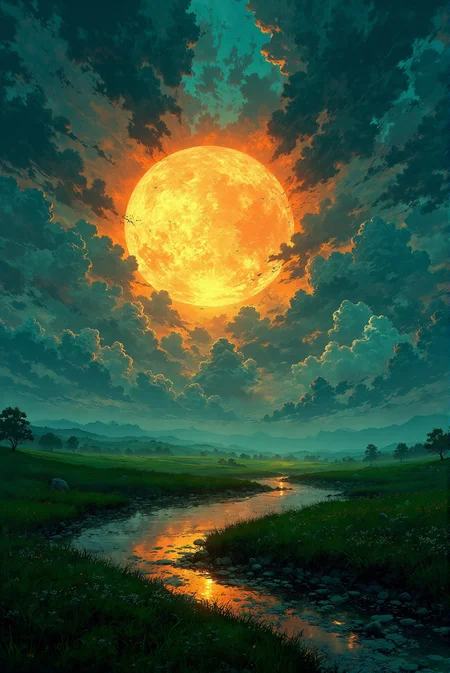 <lora:Vibrantly_sharp_style_v.2:0.8> VibrantlySharp style.  A vast, open valley stretches beneath an apocalyptic VibrantlySharp style sky where an enormous sun, like a molten sphere of liquid gold, descends toward the horizon. The sky is painted in rich gradients of deep teal and indigo at the upper reaches, seamlessly transitioning into fiery oranges and glowing embers near the horizon. Billowing clouds, illuminated from within, form a dramatic vortex around the sun, their voluminous forms sculpted by intricately swirling strokes reminiscent of classic oil paintings infused with comic-book dynamism. Golden streaks of light crackle through the sky like celestial veins, while flocks of silhouetted birds cut across the luminous clouds. A meandering stream snakes through the lush green valley, its surface shimmering with warm reflections of the burning heavens above. The composition, a fusion of stylized fantasy and semi-realistic lighting techniques, creates an awe-inspiring contrast between the tranquil landscape and the otherworldly sky, as if the heavens themselves were ablaze with divine energy.