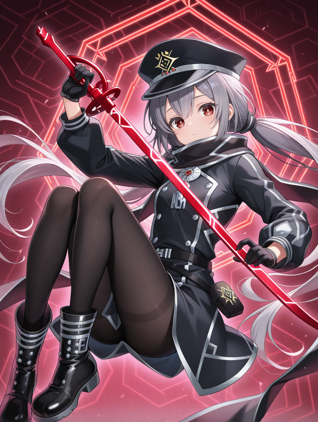 sky striker ace - roze, 1girl, solo, looking at viewer, holding red katana, red katana, (pattern), floating, black peaked cap, black scarf, knees up, black military uniform, black gloves, black pantyhose, black boots, red honeycomb \(pattern\), honeycomb background, low twintails
masterpiece,best quality,amazing quality,very aesthetic,absurdres,newest,<lora:Sky striker ace - Roze illuXL v1:0.75>,