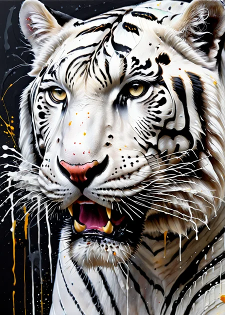 close-up of a white tiger, <lora:MS_AcrylicArt_V1_SDXL:0.8> acrylic_painting, painting, brush strokes, paint drops, paint splatter