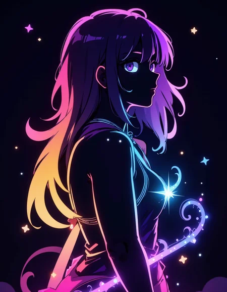 Flat colour anime style image showing rainbow colored silhoutte outline against a dark background, adult woman, magical fantasy, plasma pattern