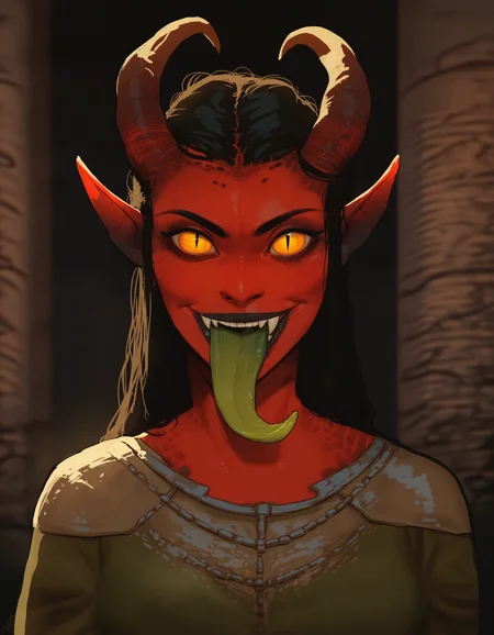 1girl, female, solo,
looking at viewer, smile, standing, upper body, medium shot,
black hair, golden eyes, demon girl, humanoid, tongue out, slit pupils, long tongue, prehensile tongue,
celtic runes, runic dress, underground, crypt,
BREAK
score_9, score_8_up, score_7_up, score_6_up, score_5_up, score_4_up, source_cartoon, rating_questionable,
<lora:incase_style_v3-1_ponyxl_ilff:1>