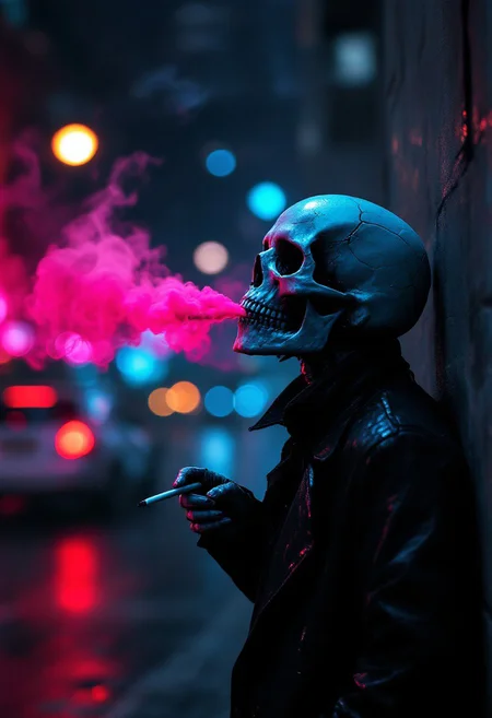 [Skull figure, smoking a cigarette, leaning against a wall, looking up, contemplative and melancholic mood], [Digital art, cyberpunk style with dark fantasy elements], [None specified - style is a blend of influences], [Predominantly dark color scheme with vibrant pink smoke, bokeh effect creating a city night background, wet-looking dark clothing texture, realistic skull rendering, dramatic lighting emphasizing the pink smoke and skull details, shallow depth of field focusing on the skull, 35mm lens simulation]
