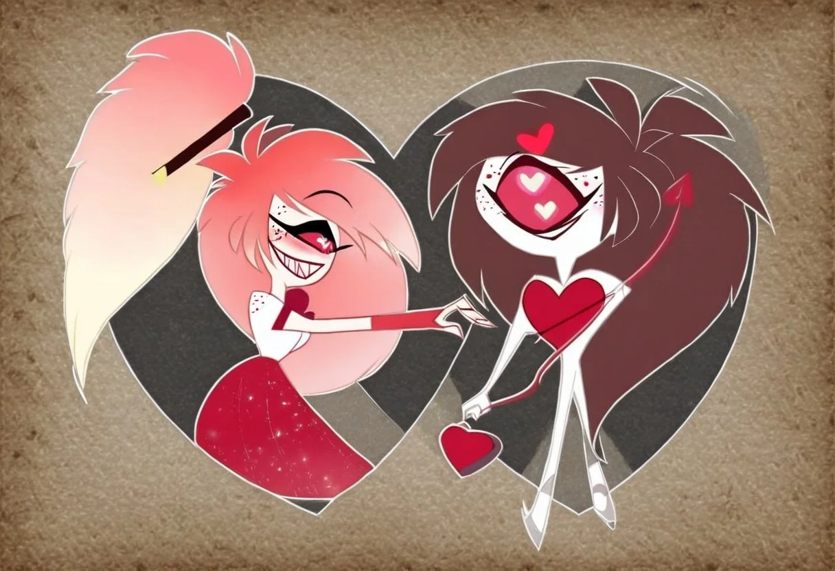 heart floating, heart-shaped pupils, aroused, heart eyes, cupid arrow, Valentine's day themed, Cherri bomb, hazbin hotel