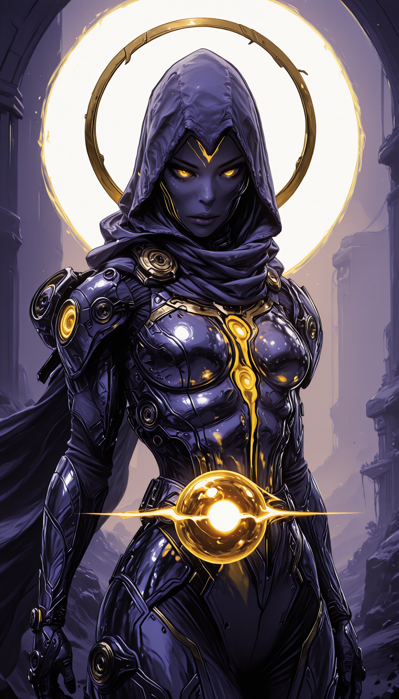 WCG-Illu,, kaarea masterpiece, best quality, high quality, ultra-detailed, realistic,  traditional media, limited palette, partially colored, vivid_color, high contrast, speed lines, sound effects, move_effects, action Create a digital artwork of a futuristic, armored figure. The figure is clad in sleek, metallic armor with a deep purple hue, accented by gold and silver details. The armor features sharp, angular patterns and a central glowing orb that illuminates the figure's face, casting a radiant glow. The character's hood obscures most of their face, adding an element of mystery. The background is a blend of dark and ethereal colors, with a large, circular, golden halo-like structure that enhances the mystical ambiance. The overall style should reflect a fusion of science fiction and fantasy genres, creating a captivating and immersive visual experience. 1girl, solo, breasts, medium_breasts, standing, cowboy_shot, hood, armor, halo, bodysuit, glowing, hood_up, WCG-Illu,, kaarea