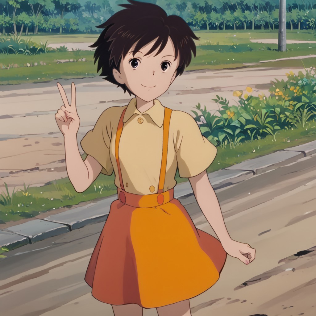 score_9, score_8_up, score_7_up, BREAK, solo, Satsuki_Kusakabe, brown hair, short hair, suspenders, skirt, black eyes, outdoors, smile, v