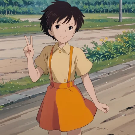 score_9, score_8_up, score_7_up, BREAK, solo, Satsuki_Kusakabe, brown hair, short hair, suspenders, skirt, black eyes, outdoors, smile, v
