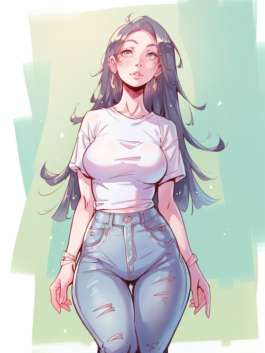 score_9, score_8_up, score_7_up, score_6_up, score_5_up,  <lora:bk1tXLP:1> bk1t, long hair, curvy, jeans, t-shirt,