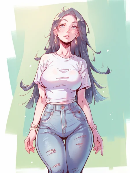 score_9, score_8_up, score_7_up, score_6_up, score_5_up, <lora:bk1tXLP:1> bk1t, long hair, curvy, jeans, t-shirt,