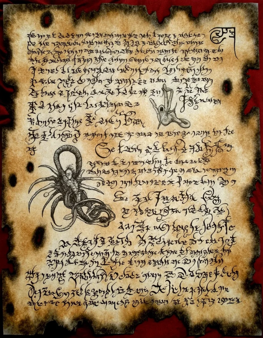 <lora:the_forbidden_book_v10_1500:1>, ncrnmcn, A weathered, scorched parchment describes the Ritual of the Serpent's Wrath