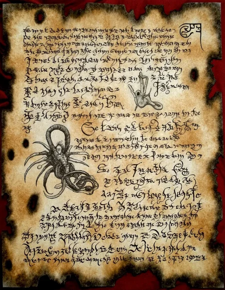 <lora:the_forbidden_book_v10_1500:1>, ncrnmcn, A weathered, scorched parchment describes the Ritual of the Serpent's Wrath