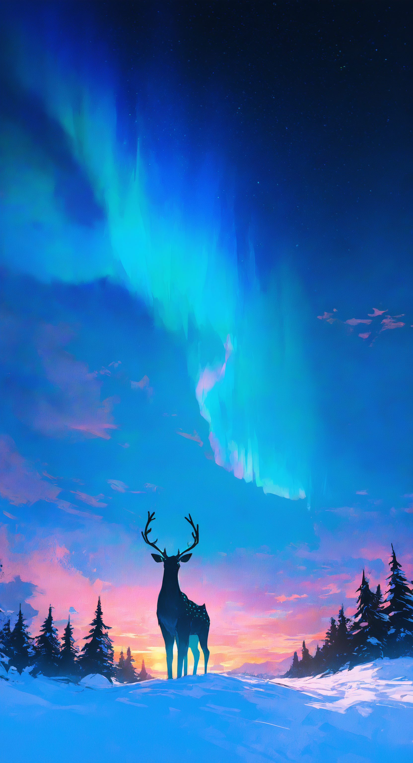 masterpiece, best quality, good quality, very awa, very aesthetic, absurdres, newest, 
outdoors, horns, sky, cloud, tree, no humans, night, animal, cloudy sky, star \(sky\), night sky, scenery, nature, snow, starry sky, forest, sunset, antlers, winter, gradient sky, sunrise, deer, pine tree, reindeer, (Rainbow Aurora:1.2), 240_mado <lora:NOOB_vp1_detailer_by_volnovik_v1:0.3> <lora:NOOB_vp1_detailer_by_volnovik_v1:0.3> <lora:ponyv6_noobV1_2_adamW-000017:0.7> <lora:96YOTTEA-WAI:0.8> <lora:240_mado_ill:0.7>
