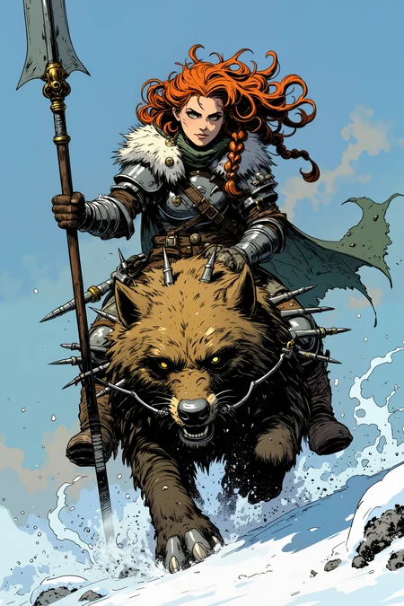 A halfling cavalry knight riding a dire wolverine, wearing armor scaled down from an ancient wyrm's hide. Her lance can extend and retract at will, coated in venoms from a dozen realms. Small but deadly blades extend from every joint of her armor, making her a whirlwind of cuts in close combat. The tundra stretches endless behind her, where she guards the northern realms. Copper hair in complex braids frames her face, green eyes hold ancient wisdom, and a network of fine scars shows her survival against larger foes. Fantastic lighting. Detailed shadows.intricate details, vivid colors, hyper-detailed, ultra-sharp<lora:Ev_Ganin:0.4><lora:Vintage comic book:0.4><lora:RetroAnimeFluxV1:0.15><lora:Greg_Capullo_style:0.4><lora:jeanClaude_Mzires_Style_FLUX-000001:0.4><lora:Flux_Ink_Anime:0.4>