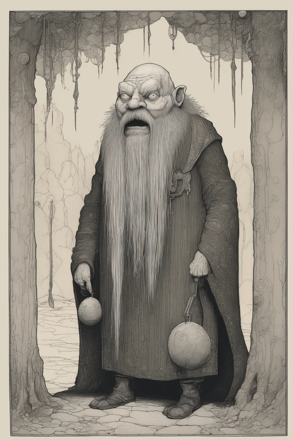 John Kenn Mortensen Style - Illustration in the style of John Bauer, art deco, art nouveau, edwardian, a stocky, diminuitive dwarven alien inhuman drooling creature