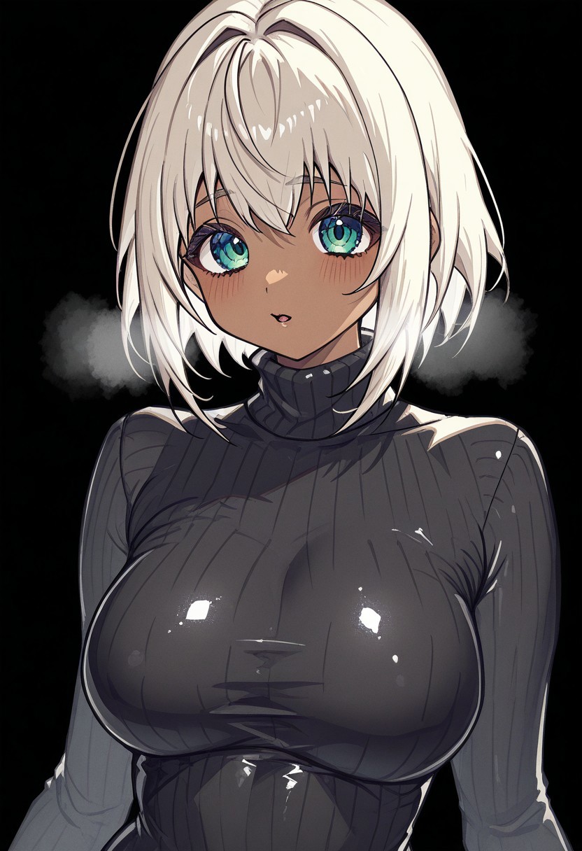 yoruhachi, thick line art, simplified style, stylized, solo, dark skin female, black, oversized turtleneck, visible breath, shiny clothing, shiny hair