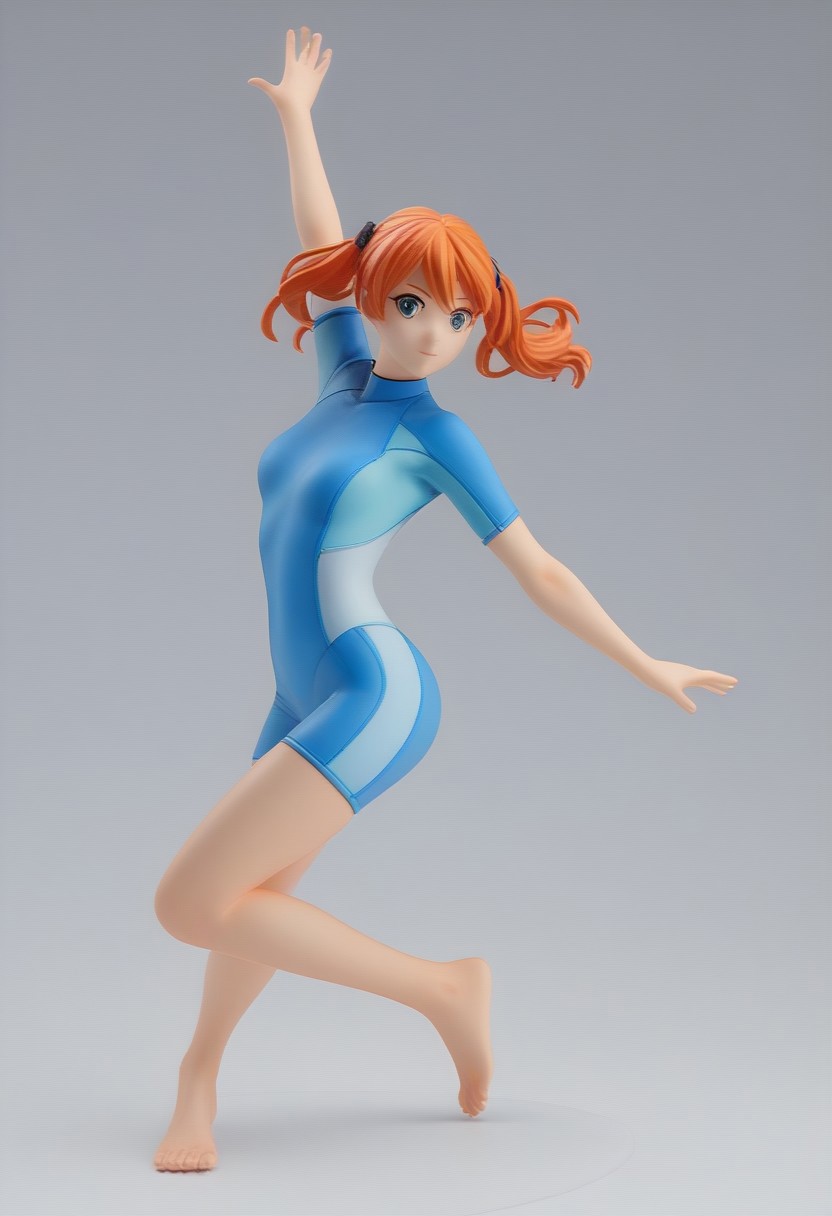 score_9, score_8_up, score_7_up
BREAK
Realistic photograph of a female plastic figure wearing a short sleeves wetsuitBBS, she is petite, slim, thin waist, thigh gap, well defined body, ginger hair twintails,
dynamic pose, wide shot, modelling poses
studio lighting, grey wall background background,
high detail, barefoot