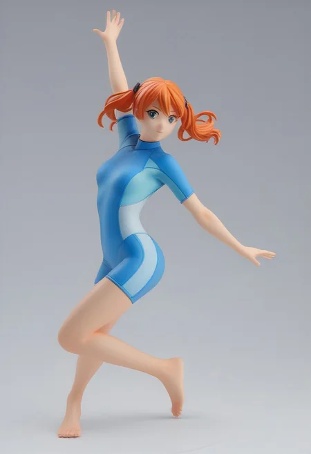 score_9, score_8_up, score_7_up
BREAK
Realistic photograph of a female plastic figure wearing a short sleeves wetsuitBBS, she is petite, slim, thin waist, thigh gap, well defined body, ginger hair twintails,
dynamic pose, wide shot, modelling poses
studio lighting, grey wall background background,
high detail, barefoot