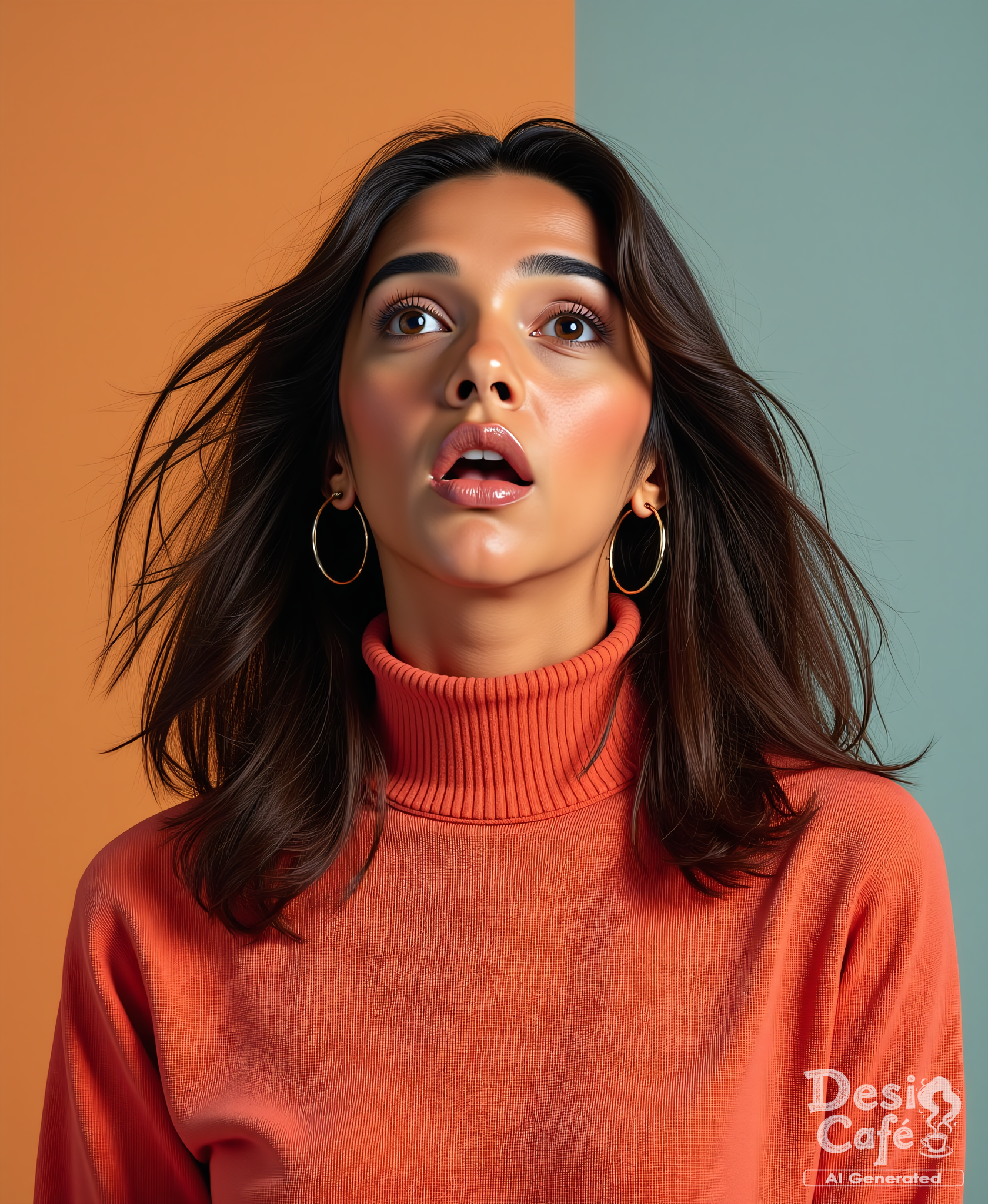 instagram photo of tara sharma woman, hyper realistic photo that is safe for work, mouth open in surprise, studio quality image with natural colors, well dressed wearing intricate turtleneck Apricot sweatshirt, hair styled as  90s blowout,muted pastel shaded multicolored background that contrasts with the person, cinematic lighting,ââ    <lora:Tara_Sharma_Flux_Kohya_V1:1>âââ
