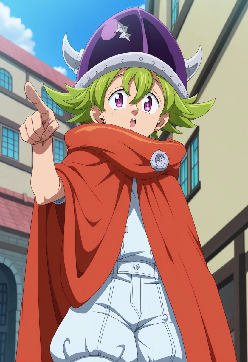 masterpiece, best quality, anime screencap, official style, anime coloring, cowboy shot, 1boy, solo, male focus, <lora:percival_nnt_mny_ilxl:0.92>, percival_nnt_mny, green hair, purple eyes, spiked hair, hair between eyes, bangs, helmet, horned headwear, orange cape, puffy shorts, from below, town, suburbs, day, pointing, :o, Linen shorts, Crepe Denim jacket, , , Locket and and