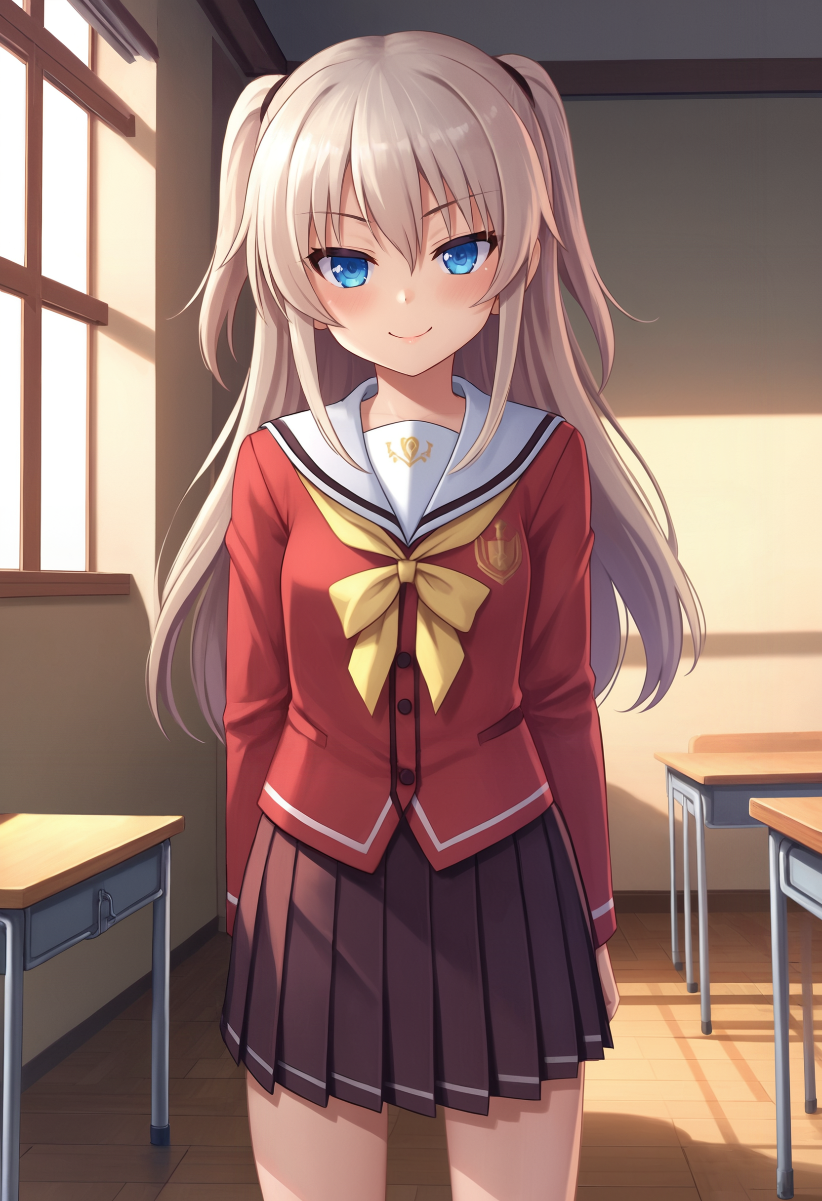 zPDXL, source_anime, cowboy shot,  BREAK
tomori nao, two side up, school uniform, 
closed mouth, naughty face,
standing,
indoors   <lora:nao-ponyxl-kohya-006:0.6>
